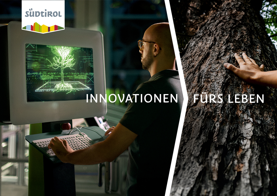 Das Bild ist eine Collage aus zwei unterschiedlichen Szenen. Links sitzt ein Mann vor einem Computer mit einem grünen Bildschirm, auf dem ein Baum zu sehen ist, und rechts berührt ein anderer Mann einen Baumstamm. Die Collage wird oben von den Schriftzügen „INNOVATIONEN FÜR LEBEN“ und „sudtirol“ begleitet, was auf einen Bezug zum Fokus des Unternehmens auf Innovation und Nachhaltigkeit hindeutet.