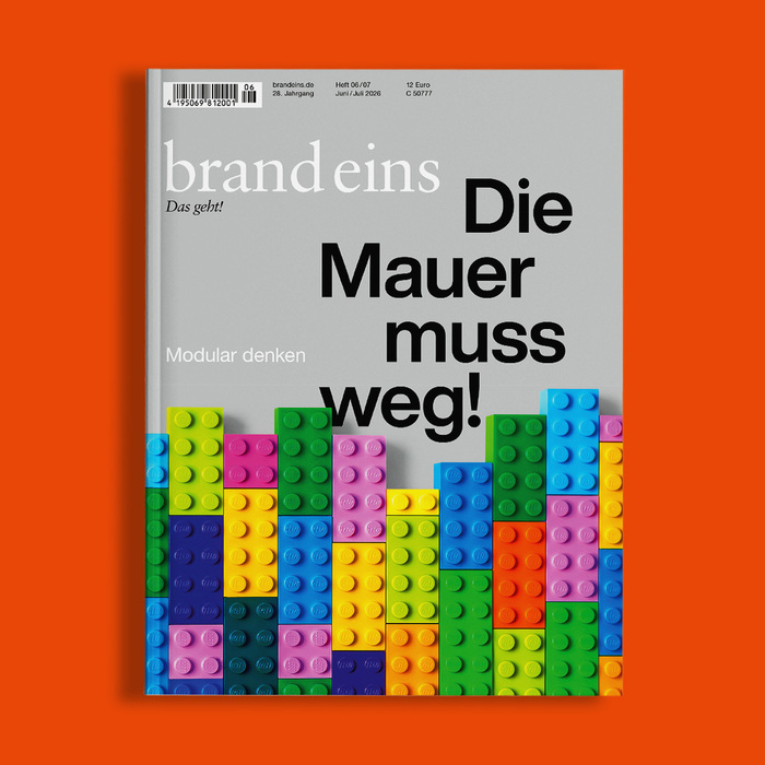Das Bild zeigt das Cover einer Zeitschrift oder Publikation mit einem lebhaften, farbenfrohen Design, das ein Stadtbild aus verschiedenen Lego-Steinen in unterschiedlichen Farben zeigt. Der Text auf dem Cover ist auf Deutsch und lautet „Brand eins Die mauer musn“, was übersetzt „Brand eins Die modular denken“ bedeutet, was wiederum „Brand eins Das modulare Design“ bedeutet. Auf dem Cover sind außerdem das Datum „Jün. Juni. 2006“ und der Preis „12 Euro“ zu sehen. Die Website-Adresse „www.brand-eins.de“ ist ebenfalls sichtbar.