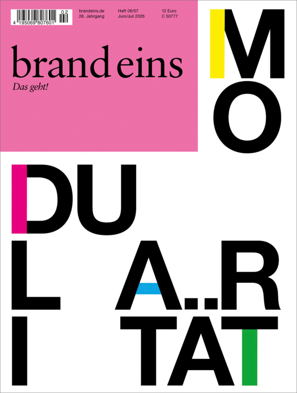 Das Bild zeigt ein Zeitschriftencover mit einem auffälligen, grafischen Design aus großen, stilisierten Buchstaben in verschiedenen Farben. Der Text „brand eins“ ist prominent in der Mitte platziert, darunter steht „Das geh!“. 