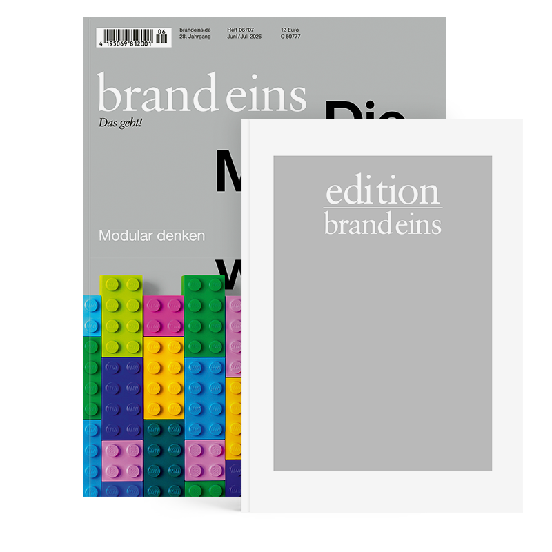 Das Bild zeigt ein Zeitschriftencover mit einem lebhaften Hintergrund aus bunten Legosteinen. Die Zeitschrift trägt den Titel „brand eins“ und enthält einen Artikel über modulares Design. Auf dem Cover sind außerdem ein Barcode und der Preis von 50.000 € zu sehen. Die Zeitschrift ist im Doppelseitenformat dargestellt, wobei die linke Seite einen bunten Legostein-Hintergrund aufweist und die rechte Seite eine leere, weiße Seite zeigt.