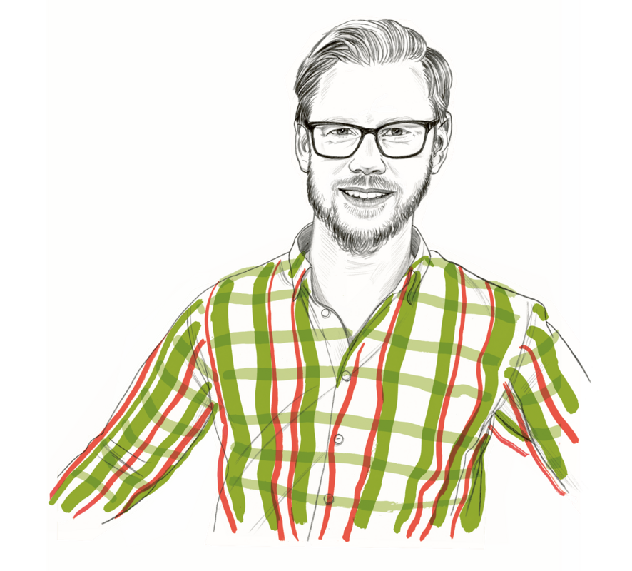 Das Bild ist eine stilisierte Illustration eines Mannes mit Brille und kariertem Hemd vor einem braunen Hintergrund. Der Mann ist im skizzenhaften Stil dargestellt, wobei der Schwerpunkt auf seinen Gesichtszügen und seiner Kleidung liegt. Das Bild ist in einem flachen, zweidimensionalen Stil gehalten, ohne Schattierungen oder Tiefenwirkung, und das Gesicht des Mannes steht im Mittelpunkt. Die Gesamtkomposition ist schlicht und geradlinig, wobei die Kleidung und die Brille des Mannes die Hauptelemente bilden.