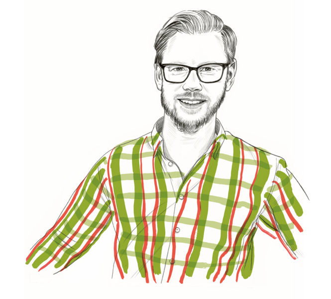 Das Bild ist eine stilisierte Illustration eines Mannes mit Brille und kariertem Hemd vor einem braunen Hintergrund. Der Mann ist im skizzenhaften Stil dargestellt, wobei der Schwerpunkt auf seinen Gesichtszügen und seiner Kleidung liegt. Das Bild ist in einem flachen, zweidimensionalen Stil gehalten, ohne Schattierungen oder Tiefenwirkung, und das Gesicht des Mannes steht im Mittelpunkt. Die Gesamtkomposition ist schlicht und geradlinig, wobei die Kleidung und die Brille des Mannes die Hauptelemente bilden.