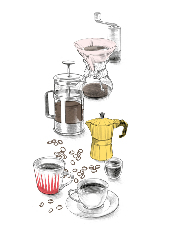 Das Bild ist eine handgezeichnete Illustration verschiedener Geräte zur Kaffeezubereitung, darunter eine French Press, eine Perkolator-Kaffeemaschine, eine Kaffeemühle und eine gelbe Espressomaschine. Die Illustration ist vor einem weißen Hintergrund dargestellt, und in der Szene sind Kaffeetassen und Kaffeebohnen verstreut. Das Bild ist so gestaltet, dass es ein breites Publikum anspricht, auch diejenigen, die möglicherweise keinen technischen Hintergrund haben, da es sich um eine einfache, übersichtliche Illustration handelt, die den visuellen Reiz des Kaffeezubereitungsprozesses in den Vordergrund stellt.