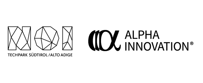 Das Bild zeigt das Logo eines Unternehmens namens „ALPHA INNOVATION“. Das Logo besteht aus einem stilisierten „A“ und „N“ in einem geometrischen Design, wobei das Wort „ALPHA“ in einer größeren Schriftgröße geschrieben ist. Der Firmenname „TECHPARK SOOTIROL/ALTO ADGE“ ist ebenfalls im Logo enthalten. Die Designelemente sind schwarz-weiß, und der Firmenname ist in einer modernen, serifenlosen Schriftart geschrieben. Das Logo wirkt zugänglich und ist für alle Nutzer, einschließlich derjenigen mit Sehbehinderungen, gut lesbar.