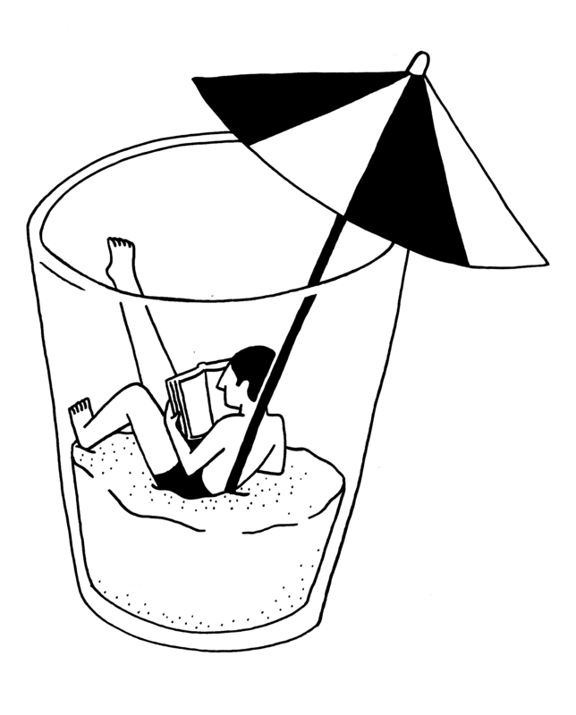 Das Bild ist eine Schwarz-Weiß-Illustration, die eine Person zeigt, die in einem mit Sand gefüllten Glas liegt, über der ein Sonnenschirm steht. Die Person scheint ein Buch zu lesen, was eine entspannte und gemächliche Szene schafft. Die Illustration ist schlicht und klar gehalten und konzentriert sich auf die Haltung der Person und die sie umgebenden Gegenstände.