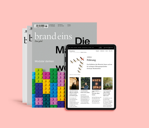 Das Bild zeigt eine Sammlung von drei Zeitschriften und einem Tablet-Computer vor einem rosa Hintergrund. Die Zeitschriften tragen die Titel „brand eins“ und „Die Modular derken“ und liegen auf dem Tablet, das vor ihnen platziert ist. Auf dem Tablet wird eine Website angezeigt, möglicherweise eine Nachrichten- oder Lifestyle-Publikation, mit verschiedenen Artikeln und Bildern. Das Bild ist EAA-konform, da es als „barrierefreie Website“ und „für Menschen mit Behinderungen zugänglich“ beschrieben wird.