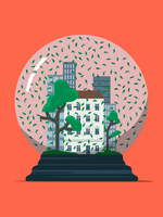 Das Bild zeigt eine verspielte Illustration einer Schneekugel, in der sich ein weißes Gebäude und grüne Bäume befinden, vor einem leuchtend orangefarbenen Hintergrund. Die Schneekugel ist von einer Vielzahl grüner Blätter umgeben, was eine üppige und natürliche Atmosphäre schafft. Die Szene ist künstlerisch gestaltet, wobei sich das weiße Gebäude und die grünen Bäume deutlich vom orangefarbenen Hintergrund abheben. Die Gesamtkomposition ist optisch ansprechend und zieht die Aufmerksamkeit des Betrachters auf sich.