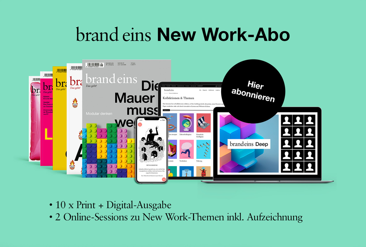 Das Bild ist eine Werbegrafik für das neue „Work-Abo“-Paket einer Marke, auf der verschiedene Elemente wie Zeitschriften, ein Laptop, ein Smartphone und eine Website zu sehen sind. Der Text hebt die Leistungen des Pakets hervor, darunter gedruckte und digitale Inhalte, Online-Sitzungen sowie eine neue Website zum Thema „Arbeit“. Das Bild ist so gestaltet, dass es für ein breites Spektrum von Nutzern, einschließlich Menschen mit Sehbehinderungen, zugänglich ist, indem es klare und leicht verständliche Texte und visuelle Elemente bietet.