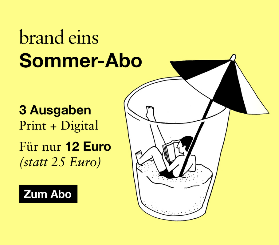 Das Bild ist eine Grafik, die eine stilisierte Illustration einer Person zeigt, die in einem mit Sand gefüllten Glas liegt, über der ein Sonnenschirm schwebt. Der Text im Bild enthält Informationen zu einer Marke, sommerlichen Aktivitäten und Preisen. Das Design ist für ein breites Spektrum von Nutzern zugänglich, einschließlich Menschen mit Sehbehinderungen, da es als „brand eins“-konforme Website beschrieben wird.