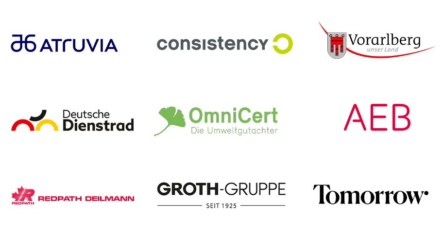 Das Bild zeigt eine Sammlung von acht Logos, die jeweils für ein anderes Unternehmen oder eine andere Organisation stehen. Die Logos sind in einem Raster angeordnet, wobei sich vier Logos in der oberen Reihe und vier Logos in der unteren Reihe befinden. Die Logos sind überwiegend in Schwarz und Rot gehalten, wobei einige grüne und blaue Akzente aufweisen. Die Logos scheinen aus verschiedenen deutschsprachigen Ländern zu stammen und sind in einem modernen, minimalistischen Stil gestaltet.
