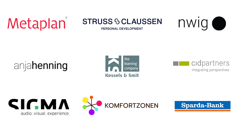 Das Bild zeigt eine Sammlung von Logos verschiedener Unternehmen, darunter Metaplan, Struss & CLAUSSEN, nwig, anjahenning, Kessels & Smit, KOMFORTZONEN, Sparta-Bank und das Bildungsunternehmen The Learning Company. Diese Logos stehen für verschiedene Organisationen, die wahrscheinlich in den Bereichen Persönlichkeitsentwicklung, Technologie und Finanzdienstleistungen tätig sind. Die Logos sind in einem Raster angeordnet, wobei der Name und das Logo jedes Unternehmens in dem jeweiligen Feld platziert sind. Das Bild ist so gestaltet, dass es für ein breites Publikum, einschließlich Menschen mit Sehbehinderungen, zugänglich ist, indem es klare und gut lesbare Texte und Logos bietet.