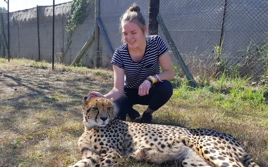 Rebekka mit einem Gepard in Südafrika